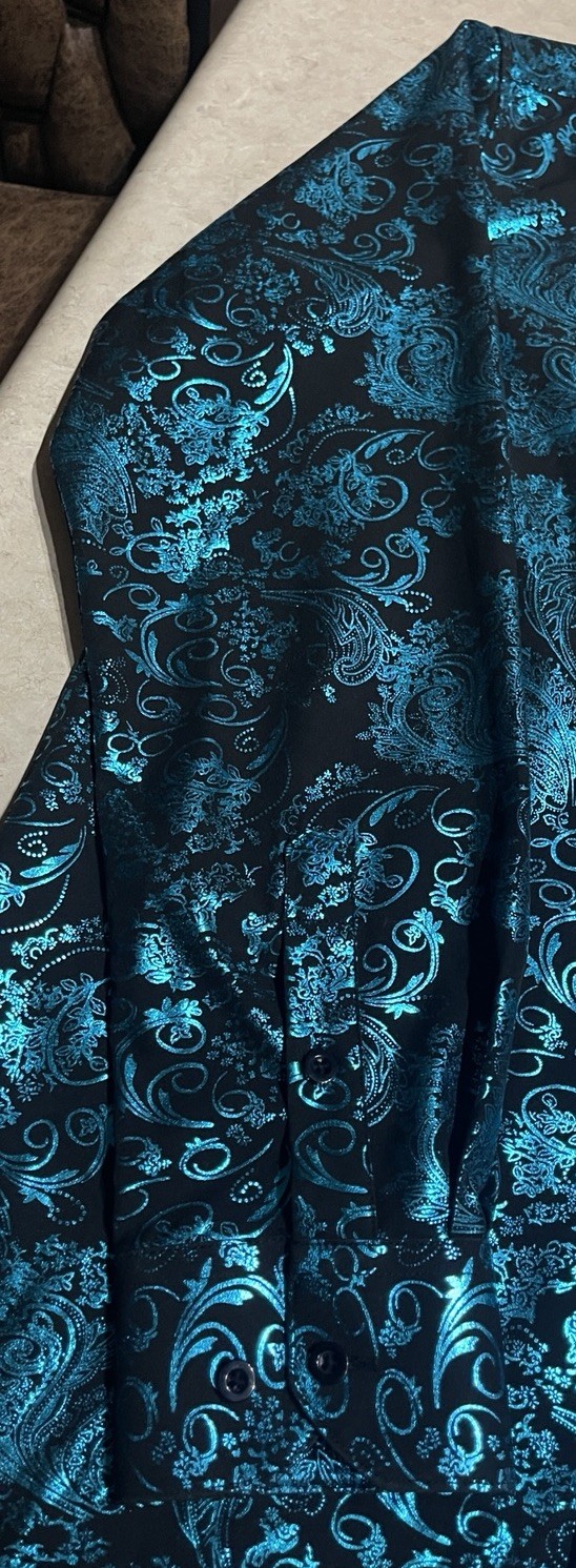 Barry Wang Men’s Blue & Black Paisley Print Button Down Front Dress Shirt Sz M