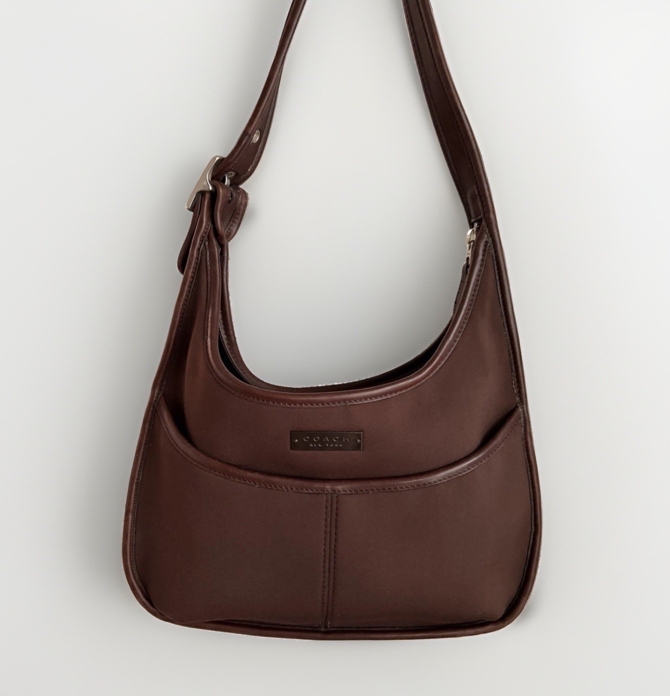 Vintage Coach 90s Ergo Pocket Zip Shoulder Bag Mahogany Neoprene & Leather 6203