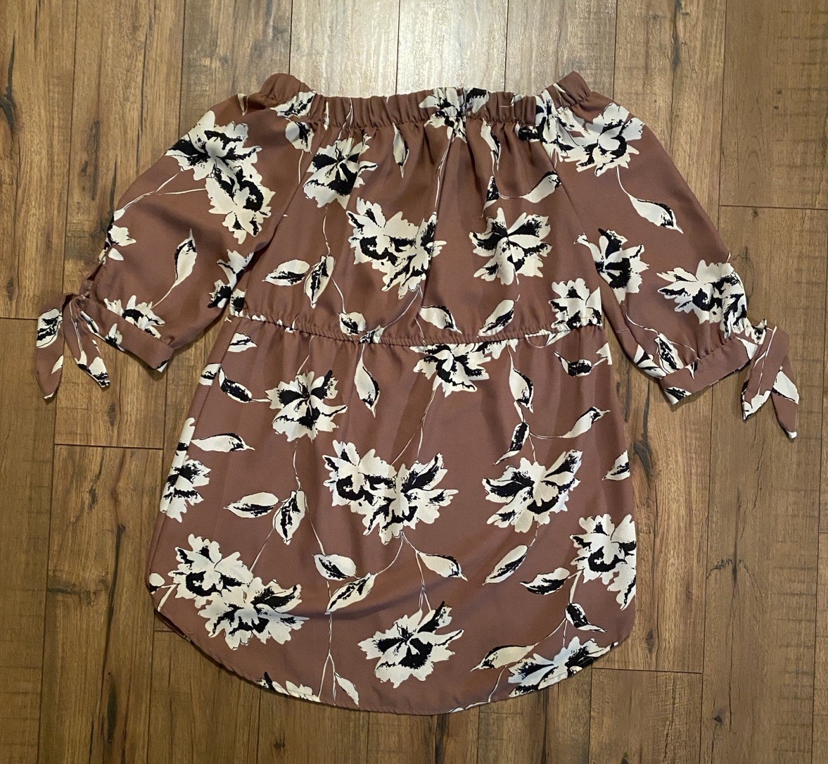 #1524 Hint Of Blush Brown Floral Multicolor Blouse Short L Off The Shoulder