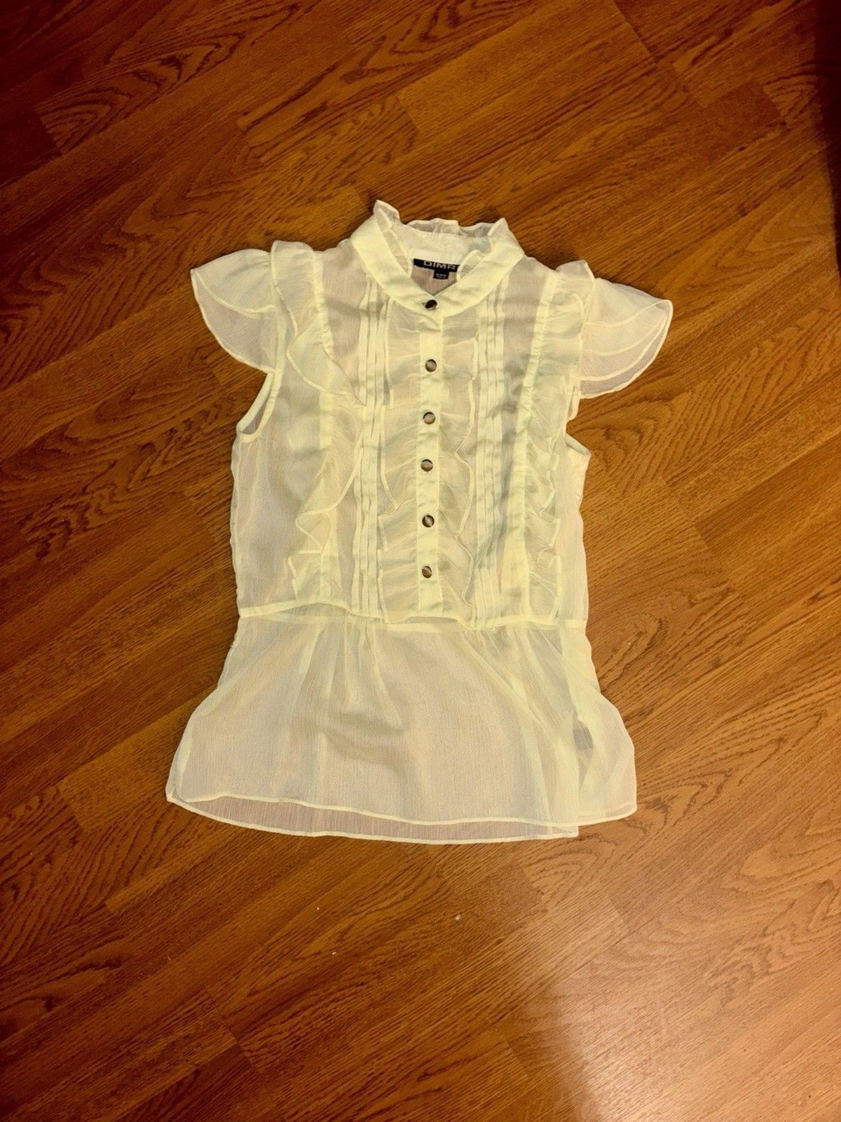 Dimri Sheer Ruffle Blouse Women’s Size M Yellow Button Front Romantic Chi
