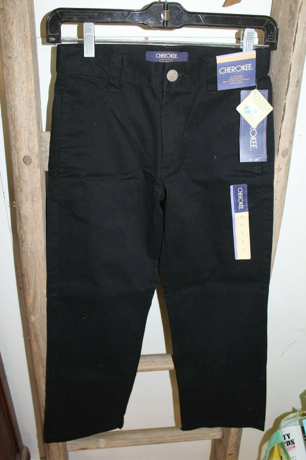 Girls CHEROKEE Black Flat Front Khaki Pants Sz 8 NWT Nanotex Fabric L#216
