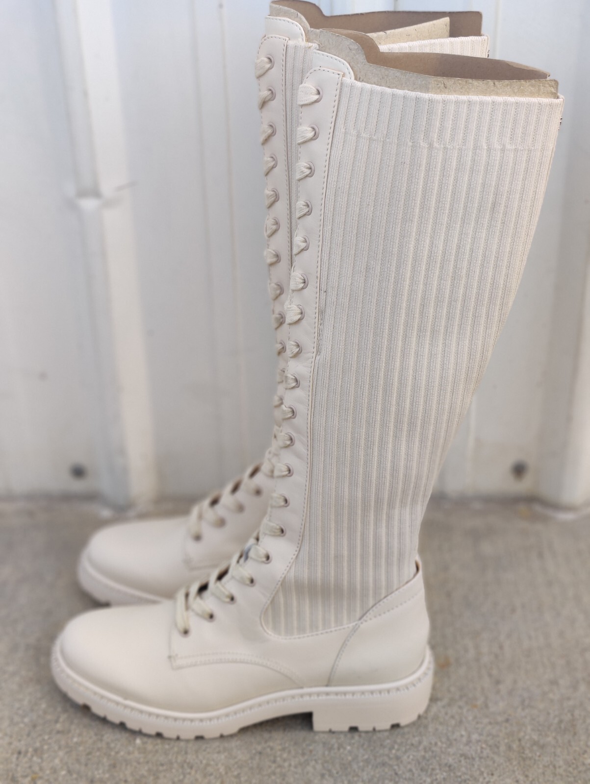 Sam Edelman Lila Womens Sz 8.5 M Ivory Leather / Fabric Lace Up 16″ Tall Boots