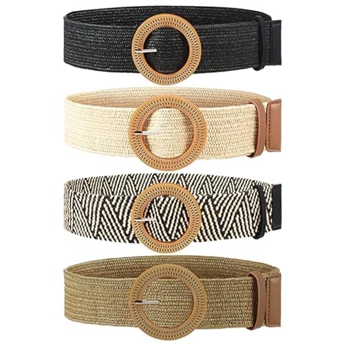 4 Pack Straw Woven Elastic Stretch Waist Belts, Boho Waist Braided Round Buckle