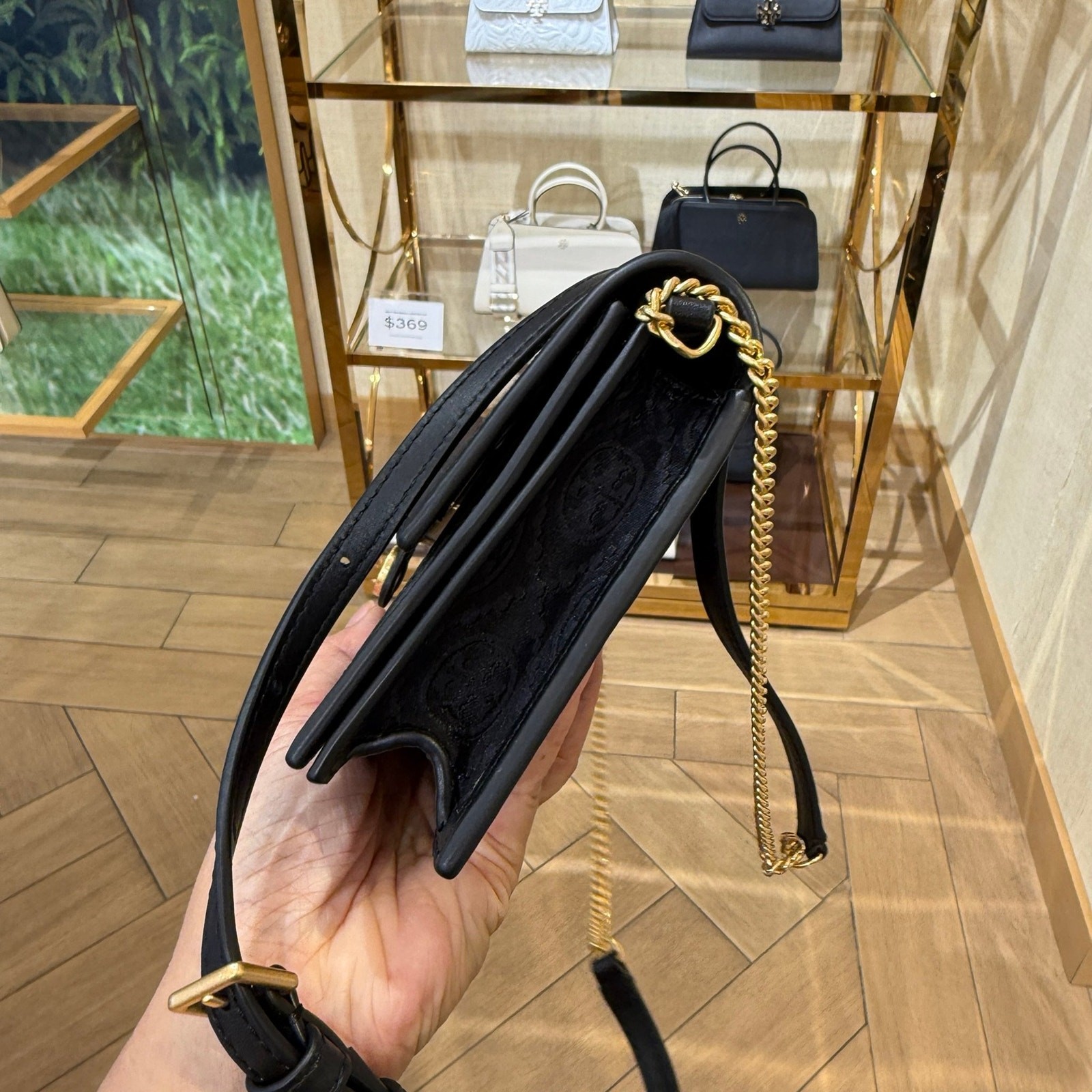 TORY BURCH T Monogram Chain Wallet Crossbody 160487 Black $390
