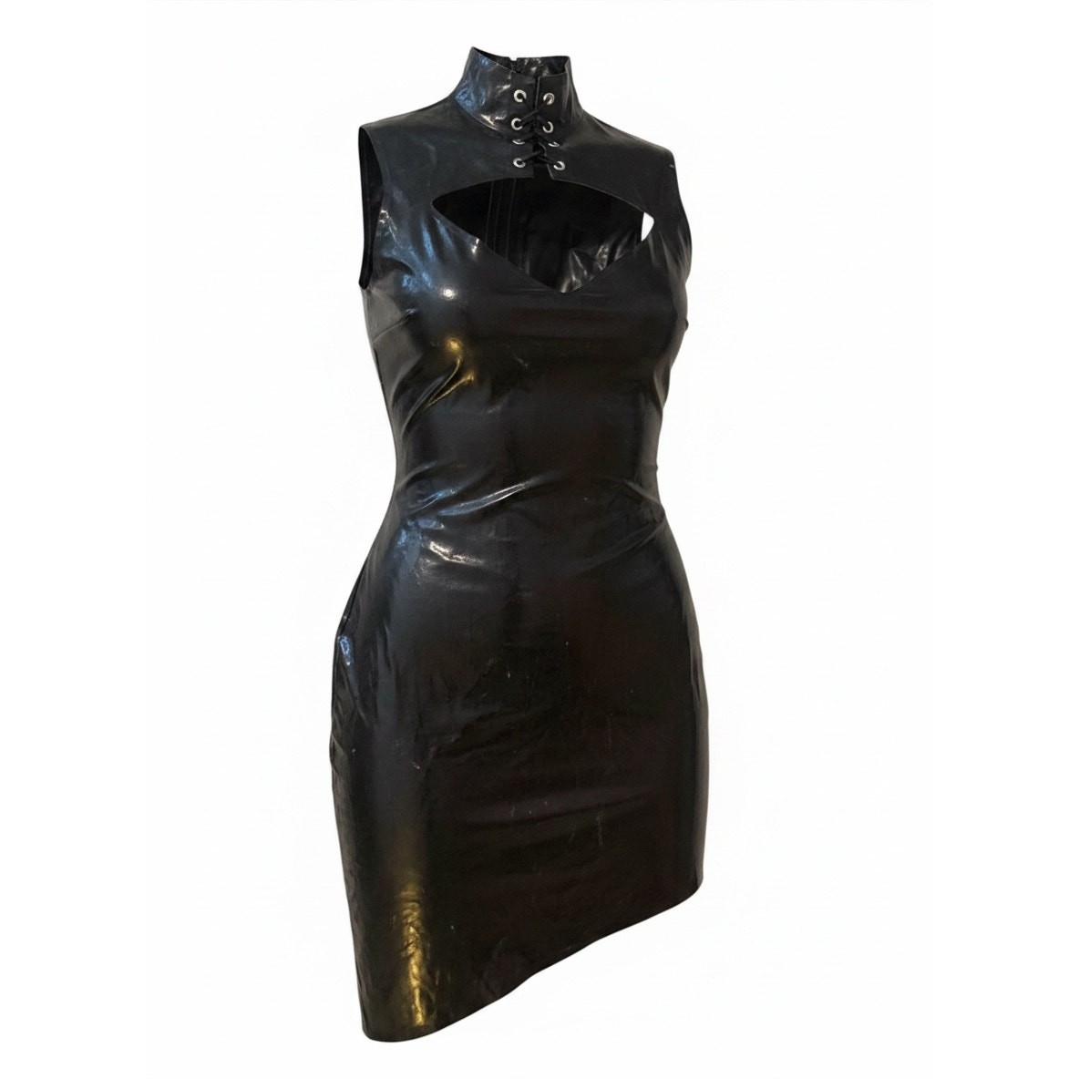 Dress Skin Two 100% Latex Black Mini Cutout High Neck Lace Up Eyelet M