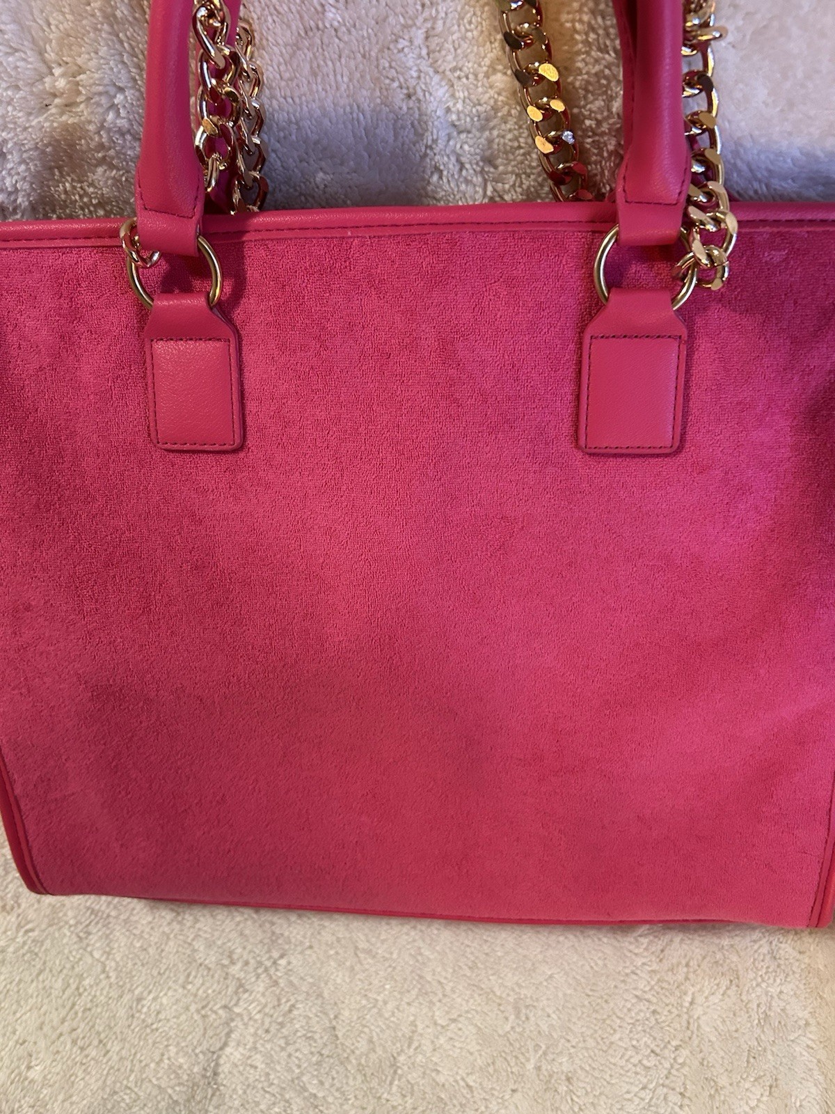 Juicy Couture Large Pink Logo Tote Zip Top Gold Chain Straps Rhinestone Charm