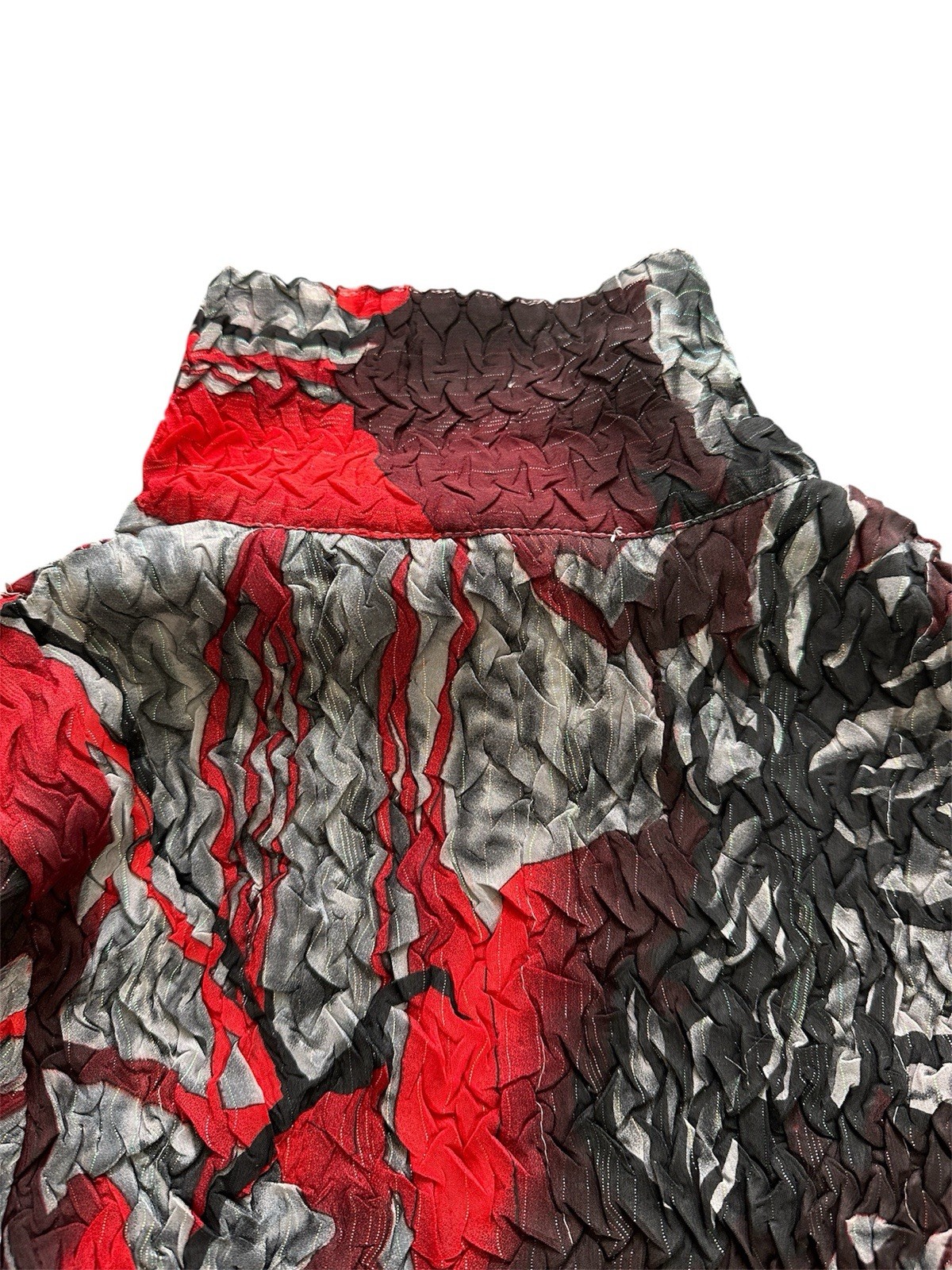 Alberto Makali Y2K Crinkle Pleated Blouse Red Gray Abstract Bell Sleeve Tunic L