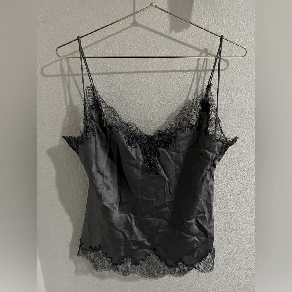 Ralph Lauren Silk Lace Trim Camisole Charcoal Gray V-Neck Spaghetti Strap Top L
