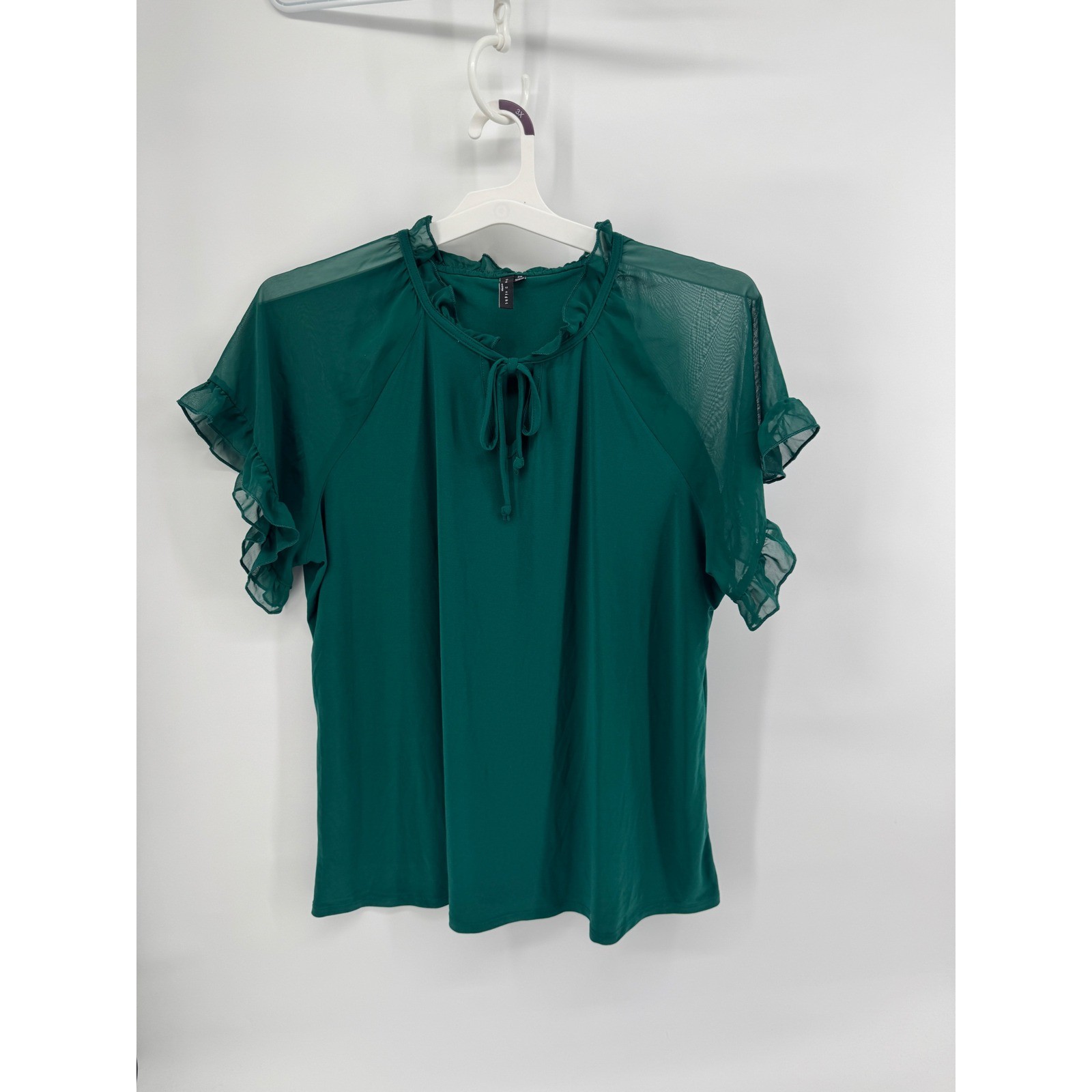 Romantic Casual Woman Emerald Green Ruffle Neck Mesh Sleeve Blouse 2X 21644X