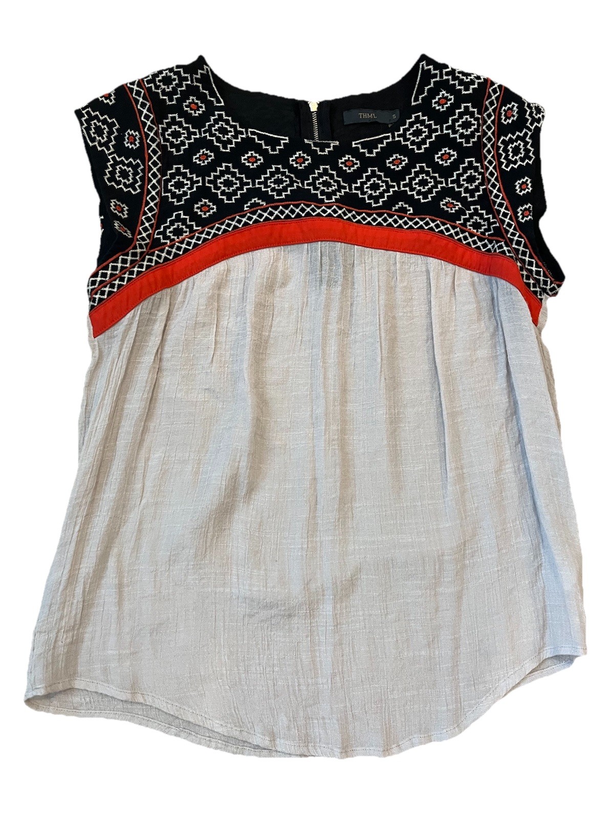 🌸THML Anthropologie Small Tan Black Orange gauze Embroiderd Cap Sleeve Top