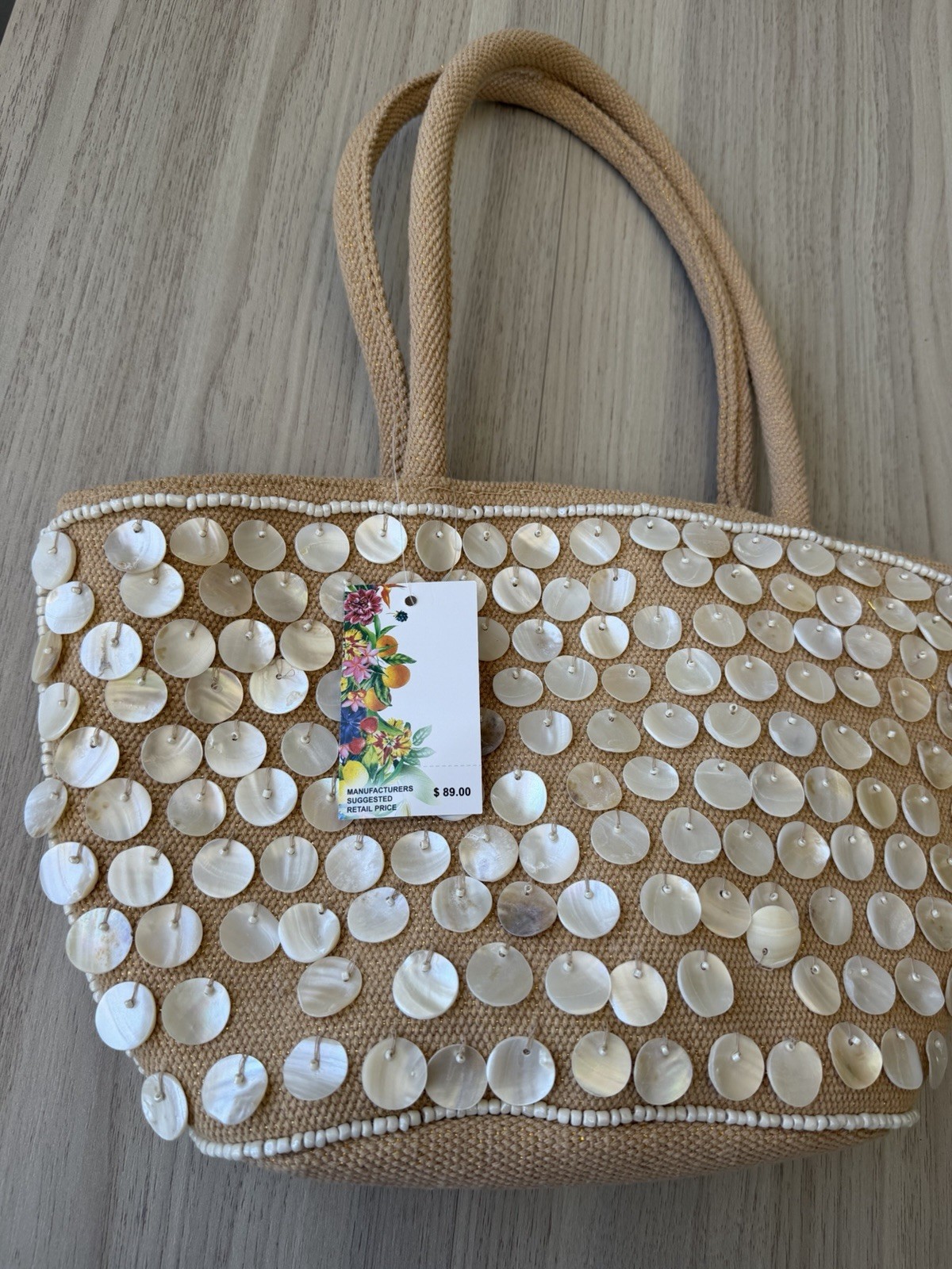 Women’s Tan Woven Tote Bag w/ Shell Disc & Beaded Accents, Double Handles