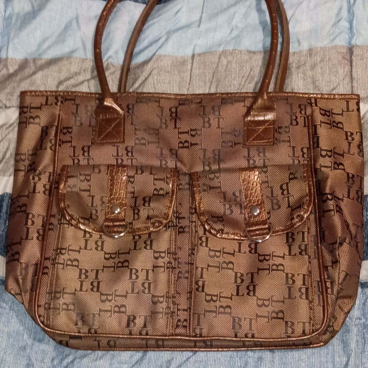 Bijoux Terner Brown Logo Tote Handbag Magnetic Closure Double Handles Pockets