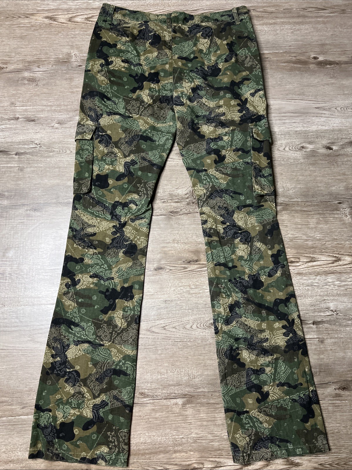 BoohooMan Stacked Pants Mens 32 Camo Bandana Print Cargo Pocket Flare Leg NWT