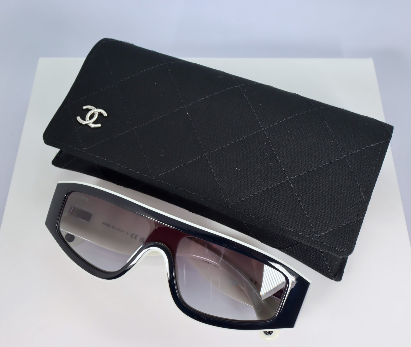 Chanel CH6057 Shield Sunglasses in Black and White with Gray Lenses