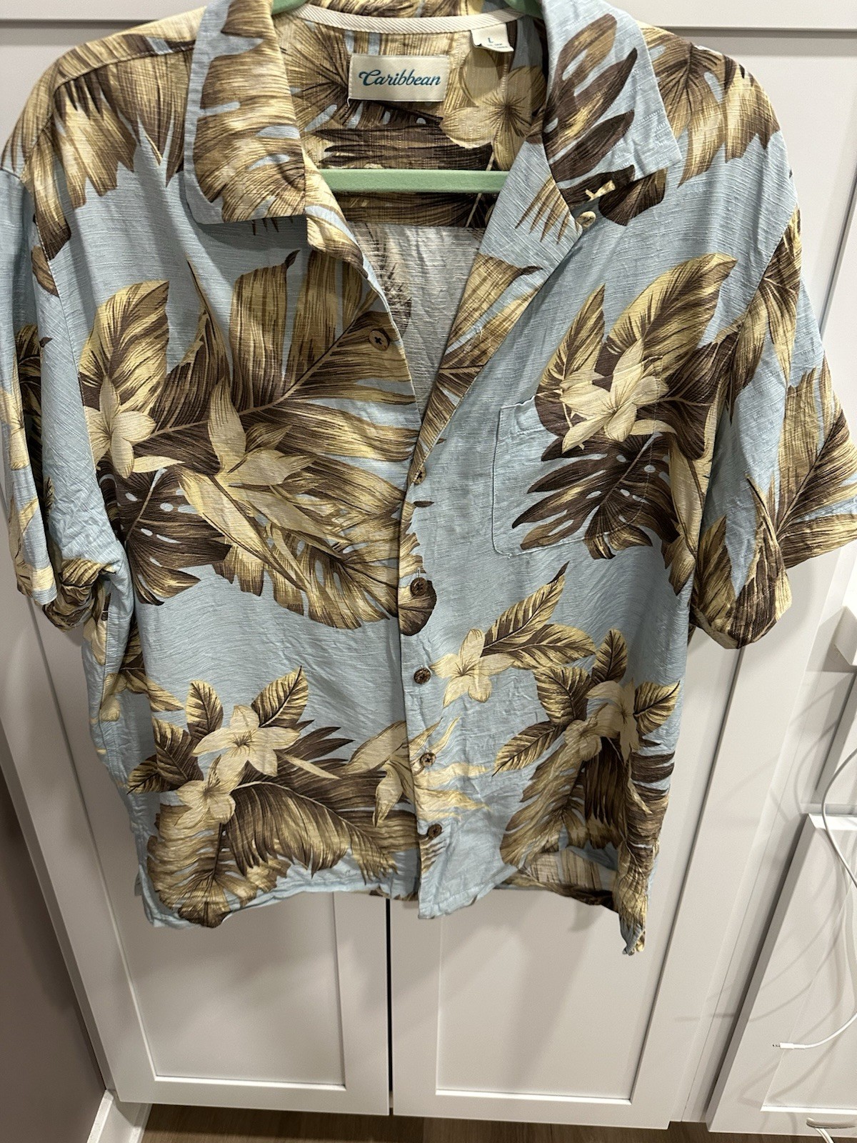 Caribbean 100% Silk Hawaiian Shirt Mens Large Blue Tan Tropical Camp Casual Palm