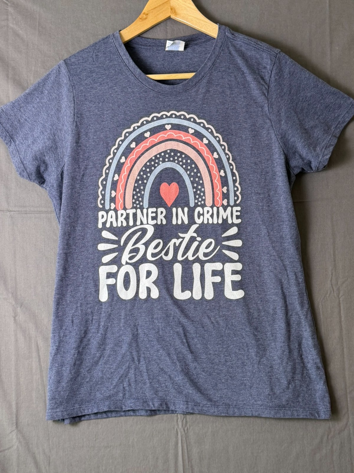 Partner In Crime Bestie For Life Rainbow Heather Navy Blue Short Sleeve L