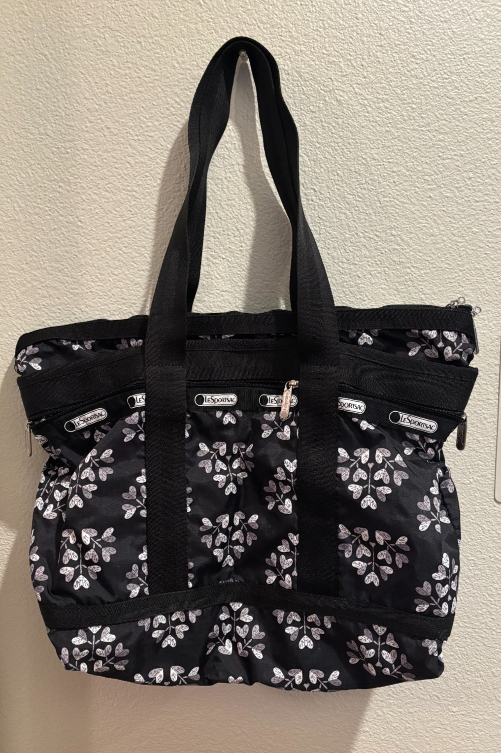 Lesportsac Zippered Tote Bag, Love Blossoms, Grey/Black/White Hearts & Flowers