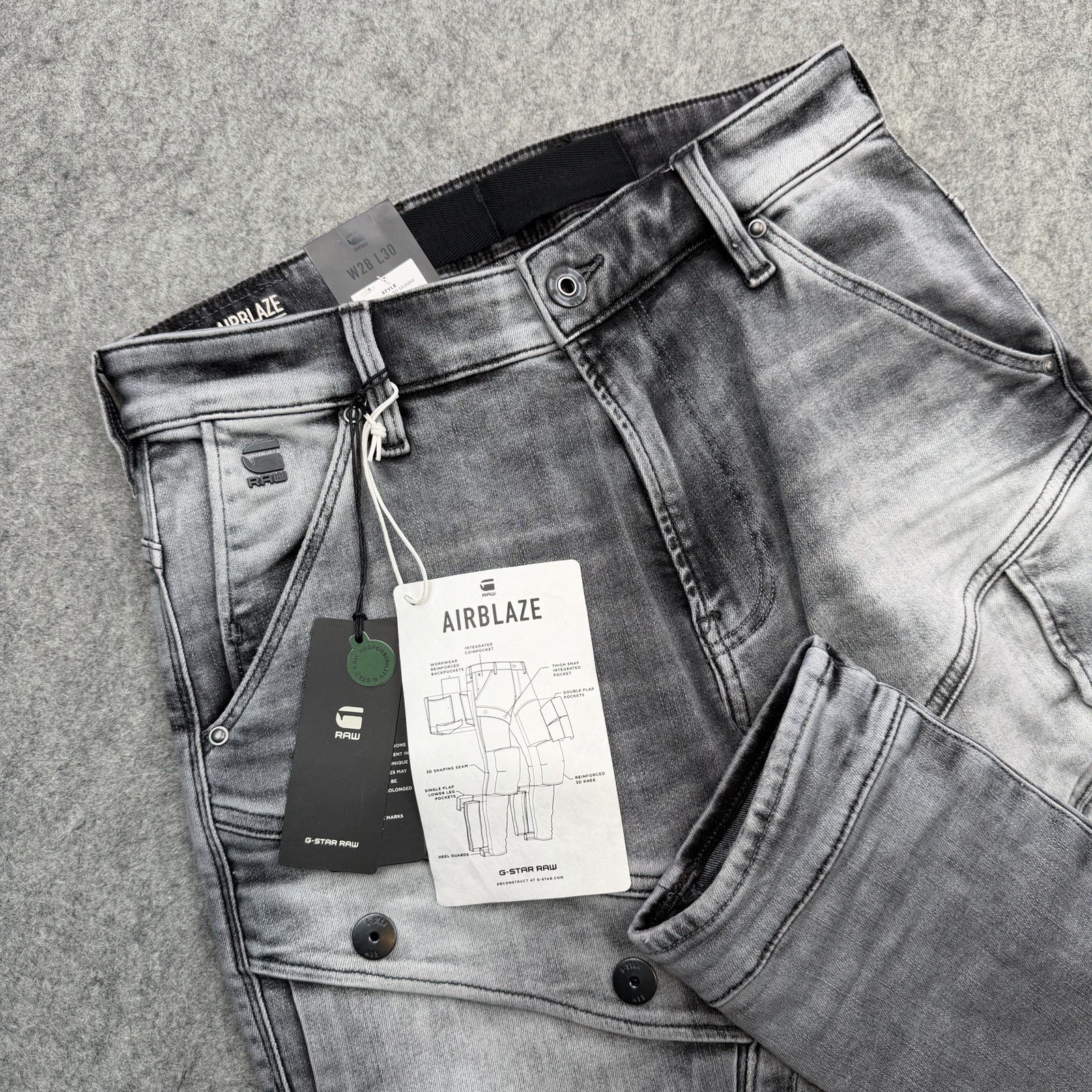 G Star Raw Jeans Mens 28×30 Airblaze 3D Skinny Faded Seal Gray Denim Cargo Biker