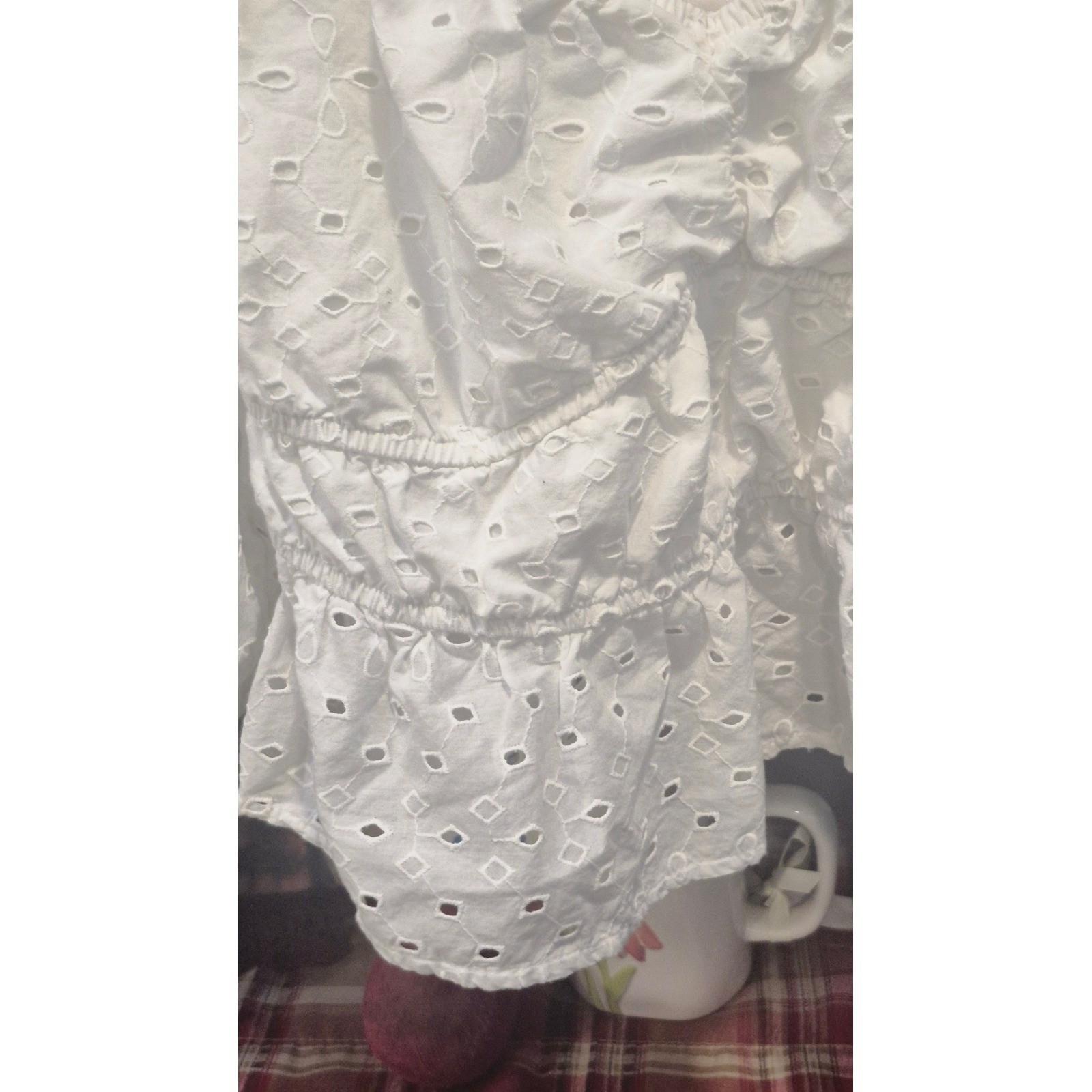 A New Day White Eyelet Puff Sleeve Peplum Top Square Neck 100% Cotton Blouse S
