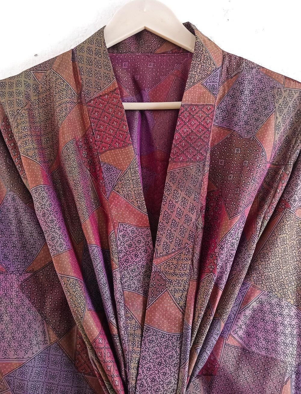 Pure Silk Midi Kimono Knee Length Gown Silk Robe MKMO1678