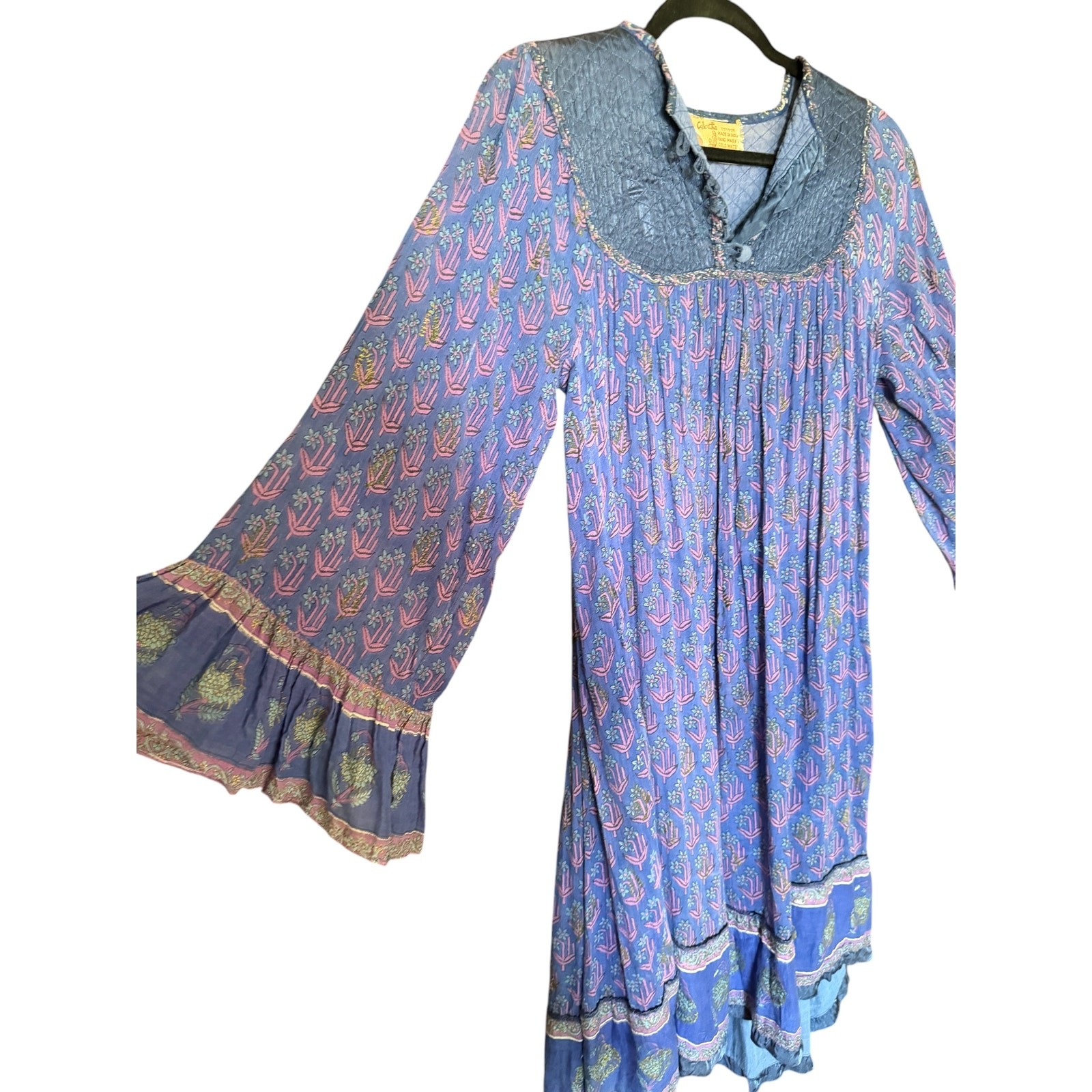 Vintage 60s 70s OH CALCUTTA India Cotton Gauze block print angel sleeve dress