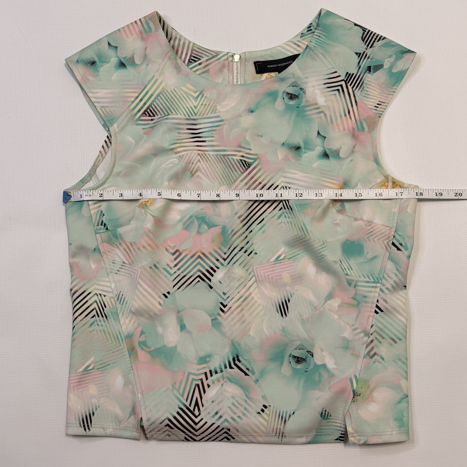 Robert Rodriguez Blouse Womens Medium Green Floral Geometric Zip Sleeveless Top