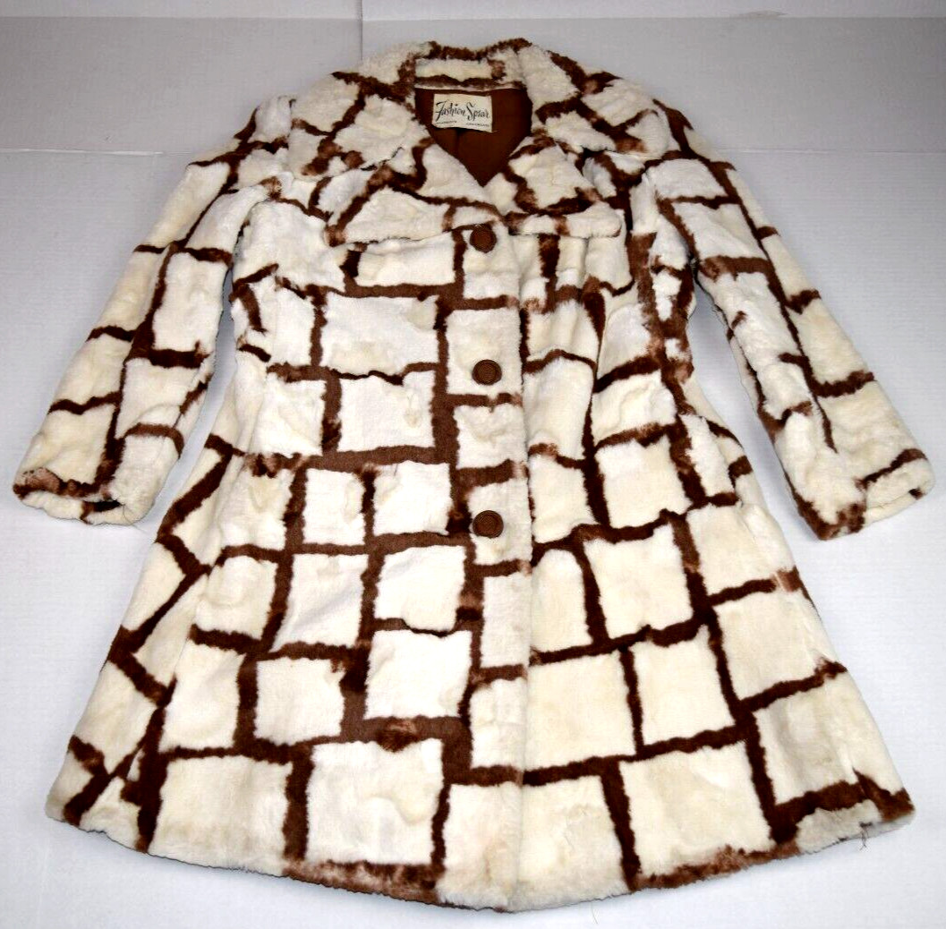 Vintage Plaid Long Coat Size S/M 30s 40s Womens Brown Windowpane Soft Fur Wool