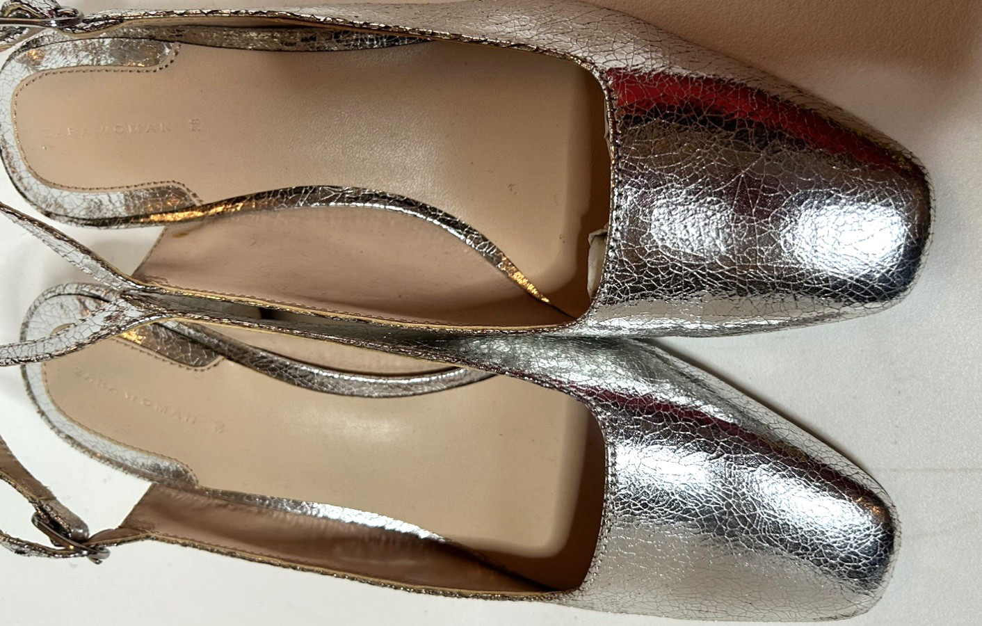 Zara Womens Leather Slingbacks in Silver Metallic Size 38 / US 7 1/2