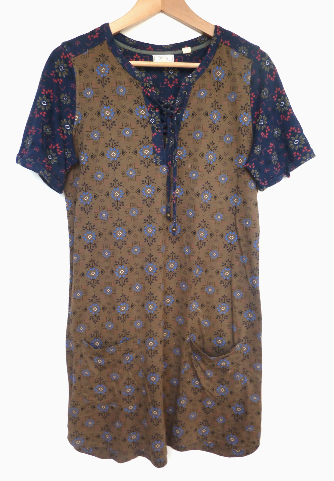 FAT FACE khaki green blue black GEO FLORAL dress with pockets and ties Size 10
