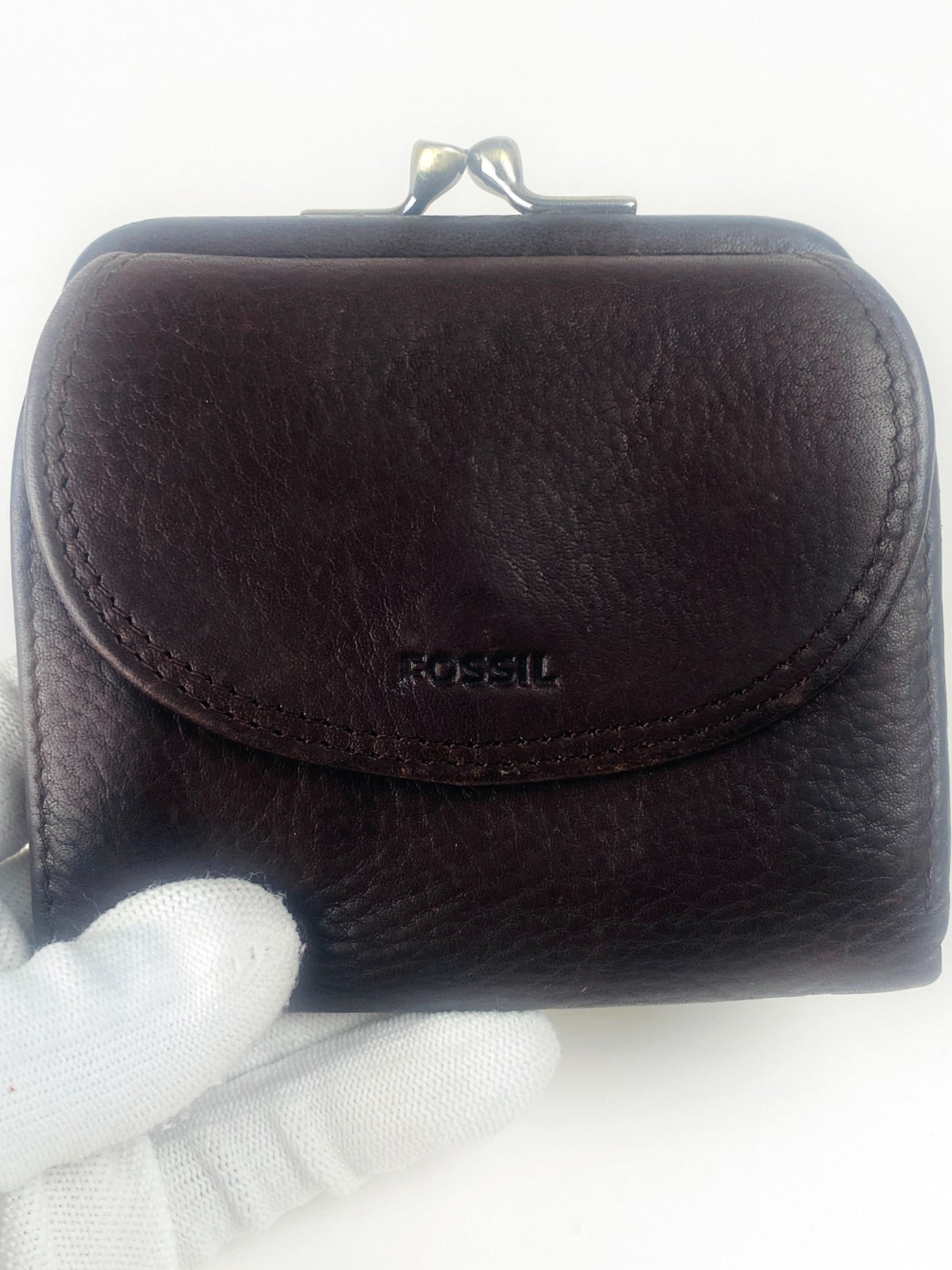 Vintage Fossil Brown Pebbled Leather Kiss Lock Bifold Wallet Coin Purse 90s