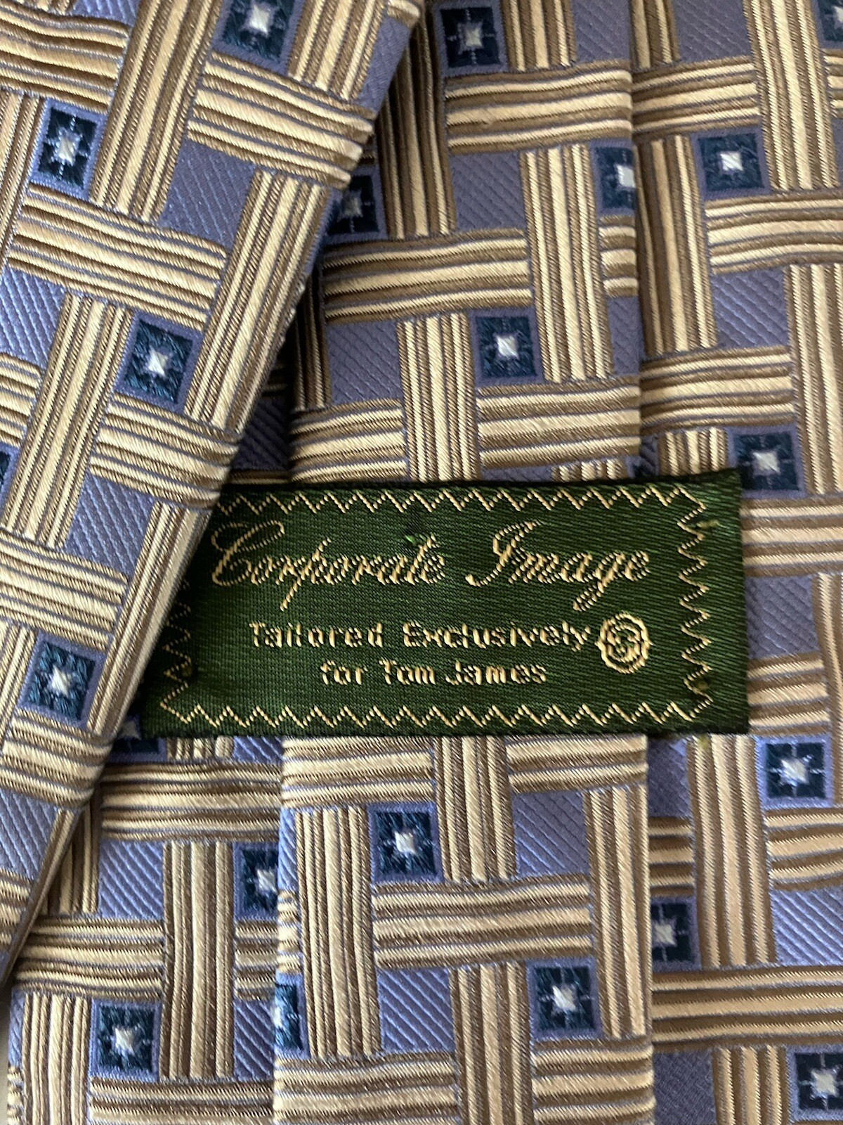 Corporate Image Tom James Men’s Necktie Tie Silk Gold Blue Basket Weave Made USA