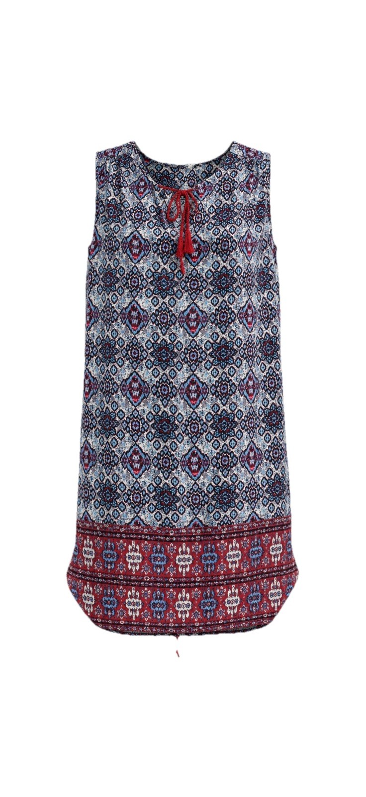 BeachLunchLounge Sleeveless Shift Top Boho Geometric Print Tassel Tie Size M