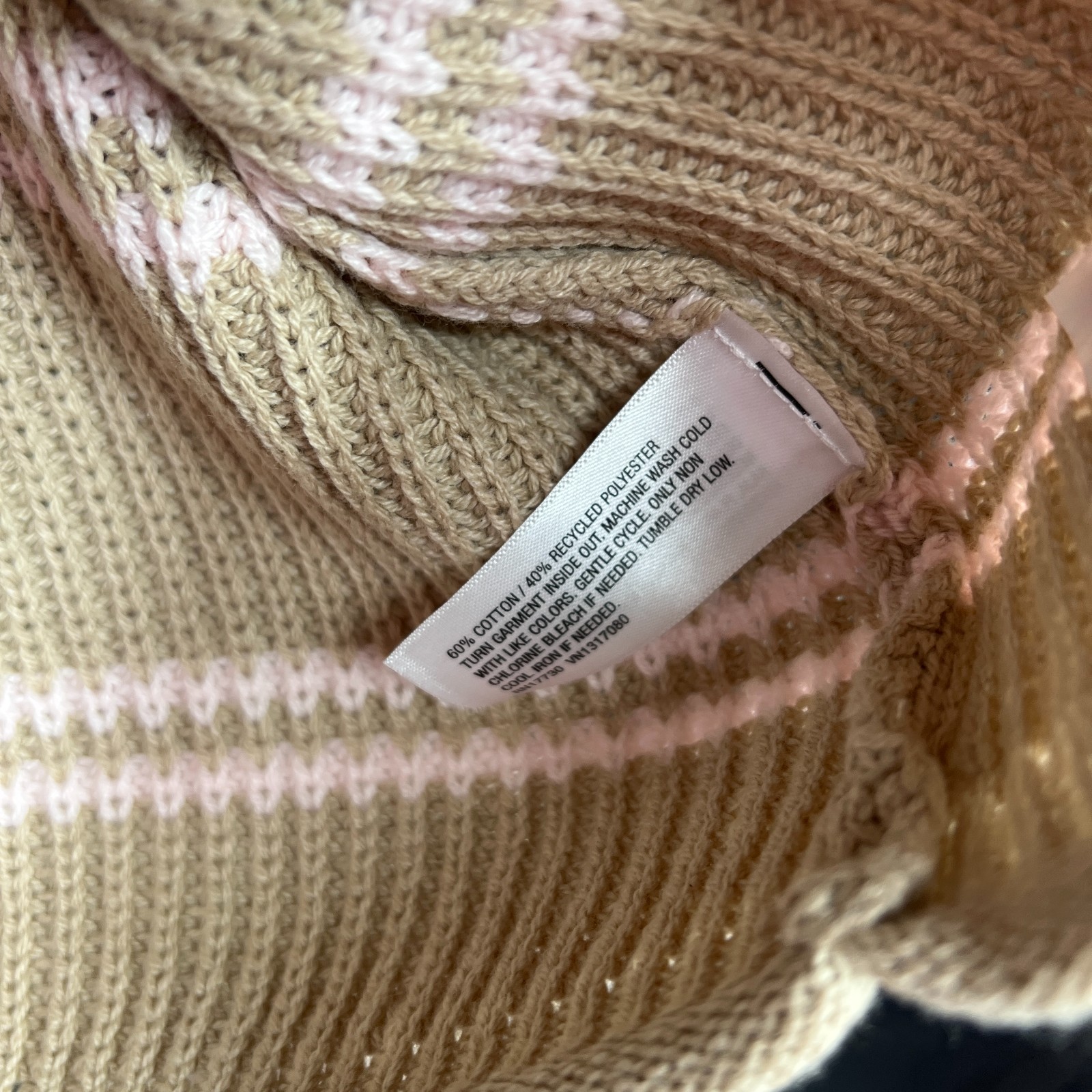 NEW preppy cozy beige pink striped roll neck cotton blend sweater minimalist S