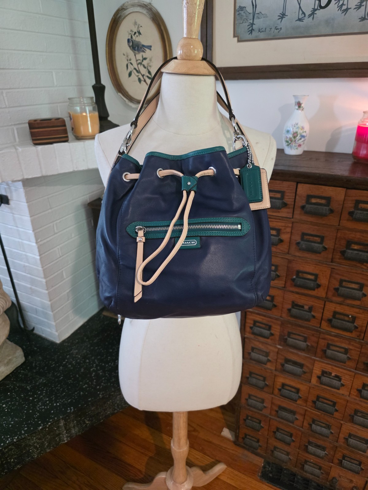 Coach Daisy Leather Drawstring Shoulder Bucket Bag Blue Green Tan Colorblock