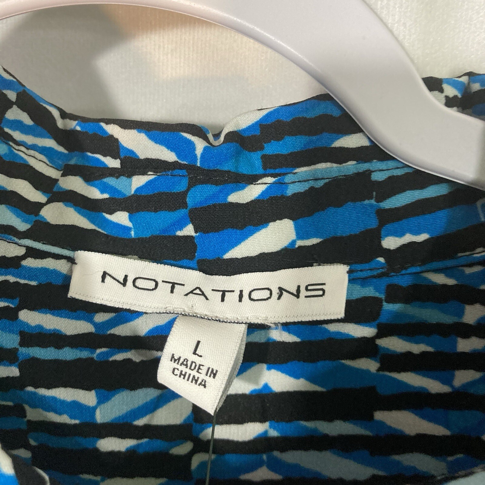NOTATIONS white black blue button up roll tab sleeve top L