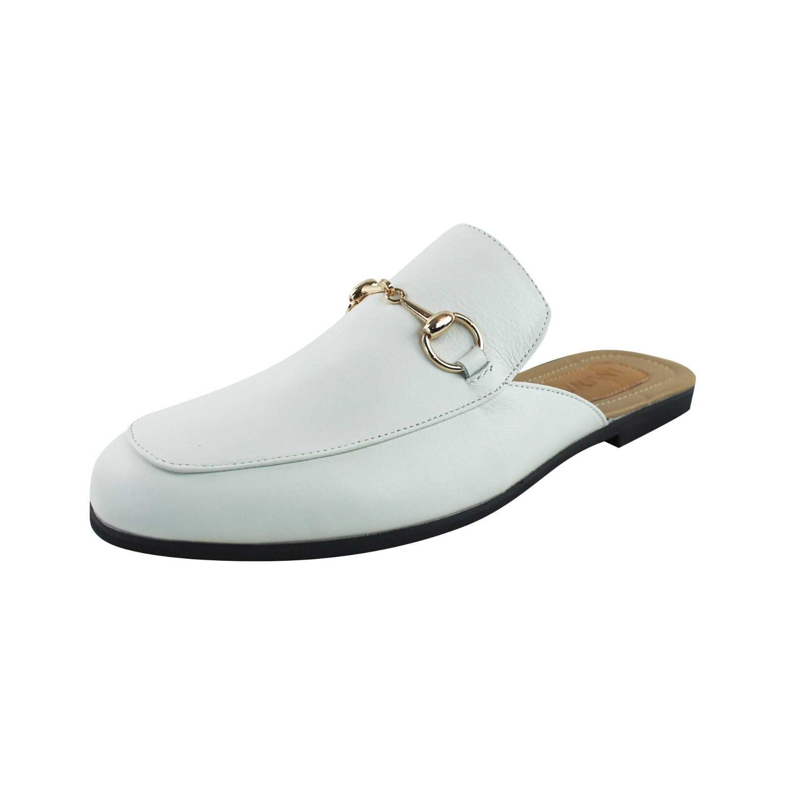 Men WHITE Real Leather Backless Slip On Mule Gold Buckle Loafers Shoes AZARMAN