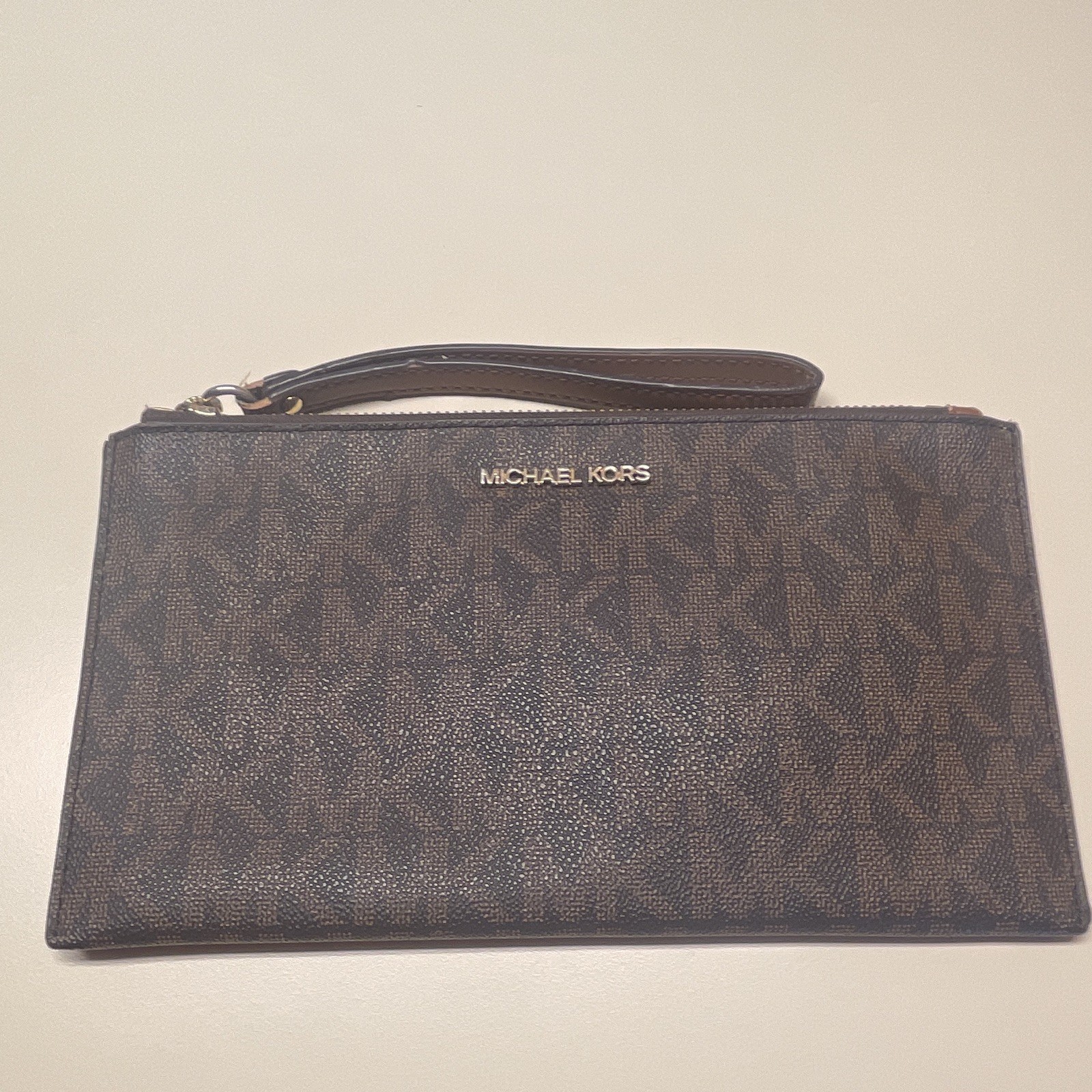 Michael Kors Brown Logo Zip Wristlet Wallet Pouch w/ Wrist Strap & Zipper