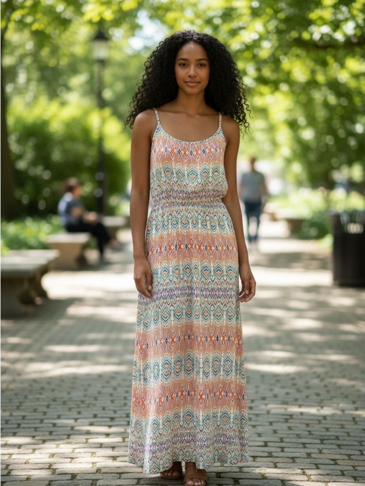 CAbi In the Sun Maxi Dress Aztec Ikat Geometric Knit Orange Blue Slit Size Small