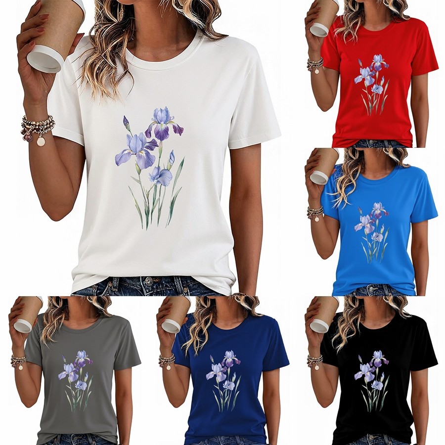 Women Flower Print Graphic T-Shirt Casual Short Sleeve Crew Neck Cotton Tee US√