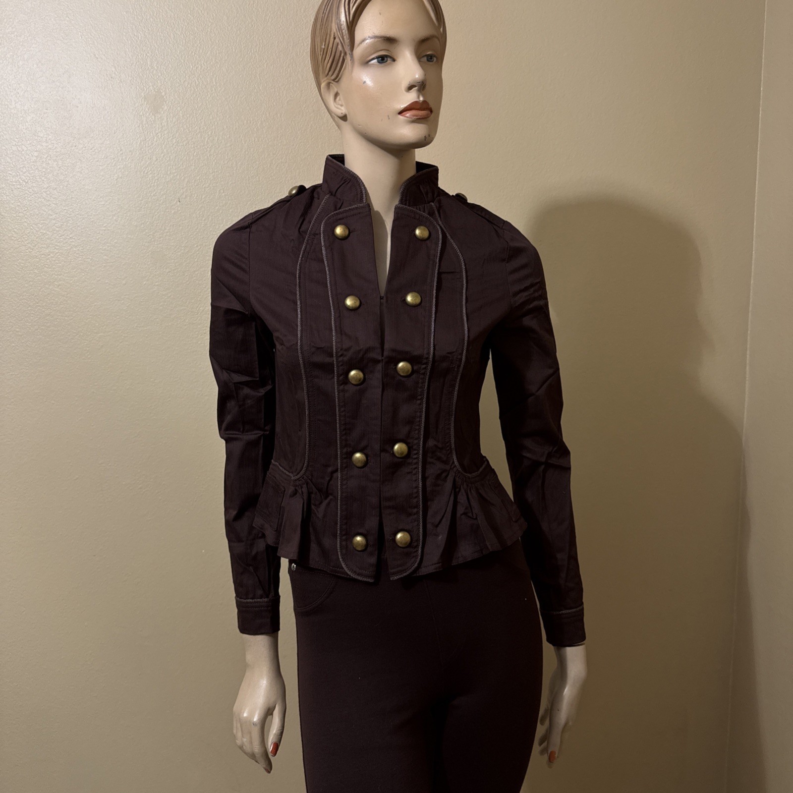Women’s Brown Cotton Casual Stretch Slim Unlined Metal Button Hook Size S Jacket