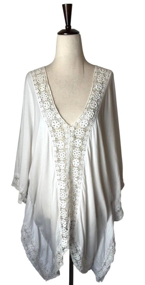 Tiare Hawaii Coverup Women OS White Crochet Embroidered Flowy Beach Swim Boho