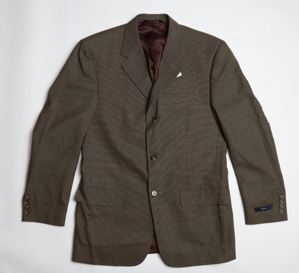 Hickey by Hickey Freeman Birdseye Wool Suit Size 38 R in Brown Black Plaid