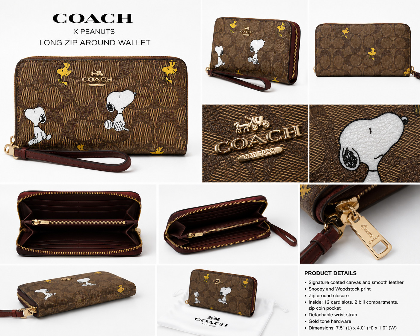 COACH x PEANUTS Long Zip around Wallet Snoopy Woodstock Khaki Signature F/S