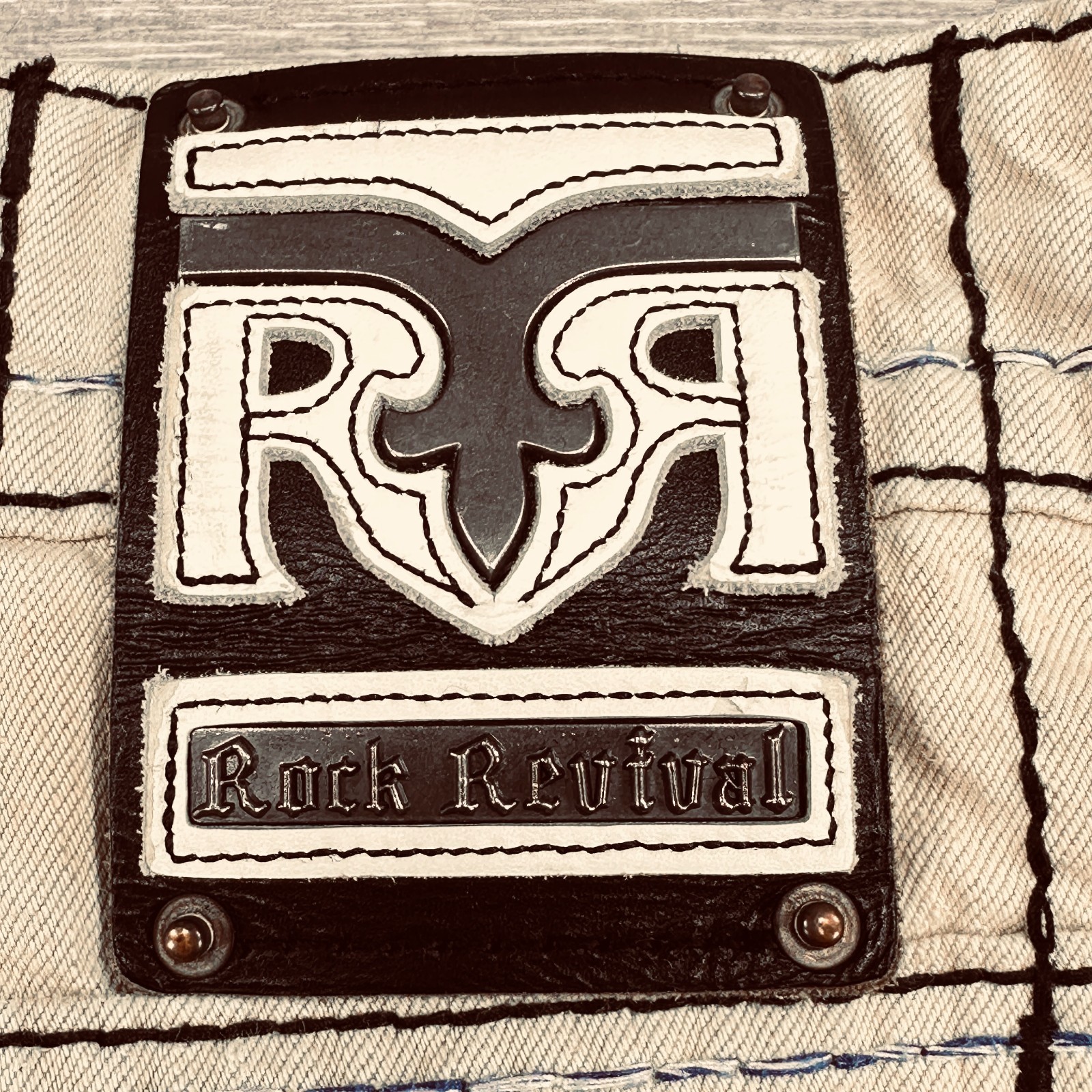 Rock Revivial Callan Biker Beige Jeans Acid Distressed Embroidery Size 38 x 33