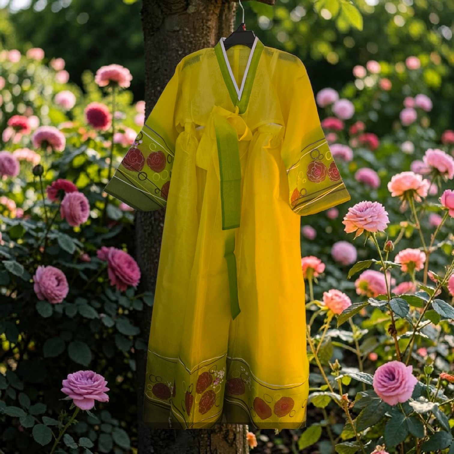 New Women’s traditional Korean Hanbok 3-pc set yellow green rose print dress