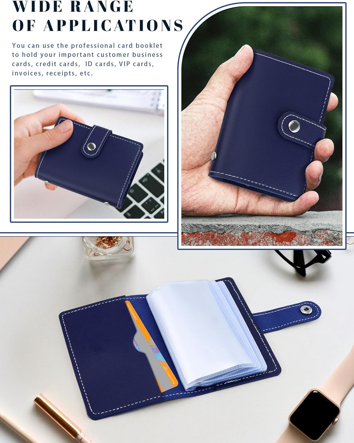 RFID Blocking Leather Business Card Holder with 26 Card Slots Dark Blue