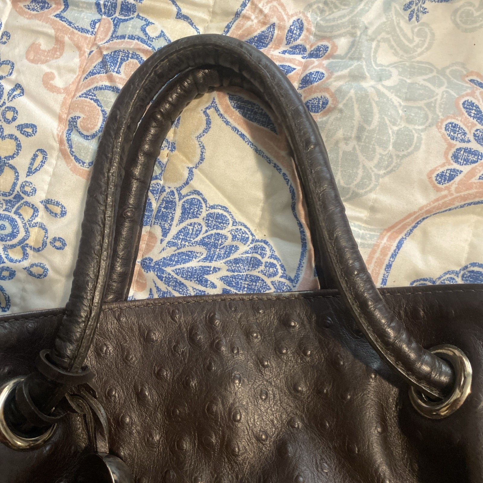 Furla Ostrich Embossed Leather Dark Brown Satchel Bag