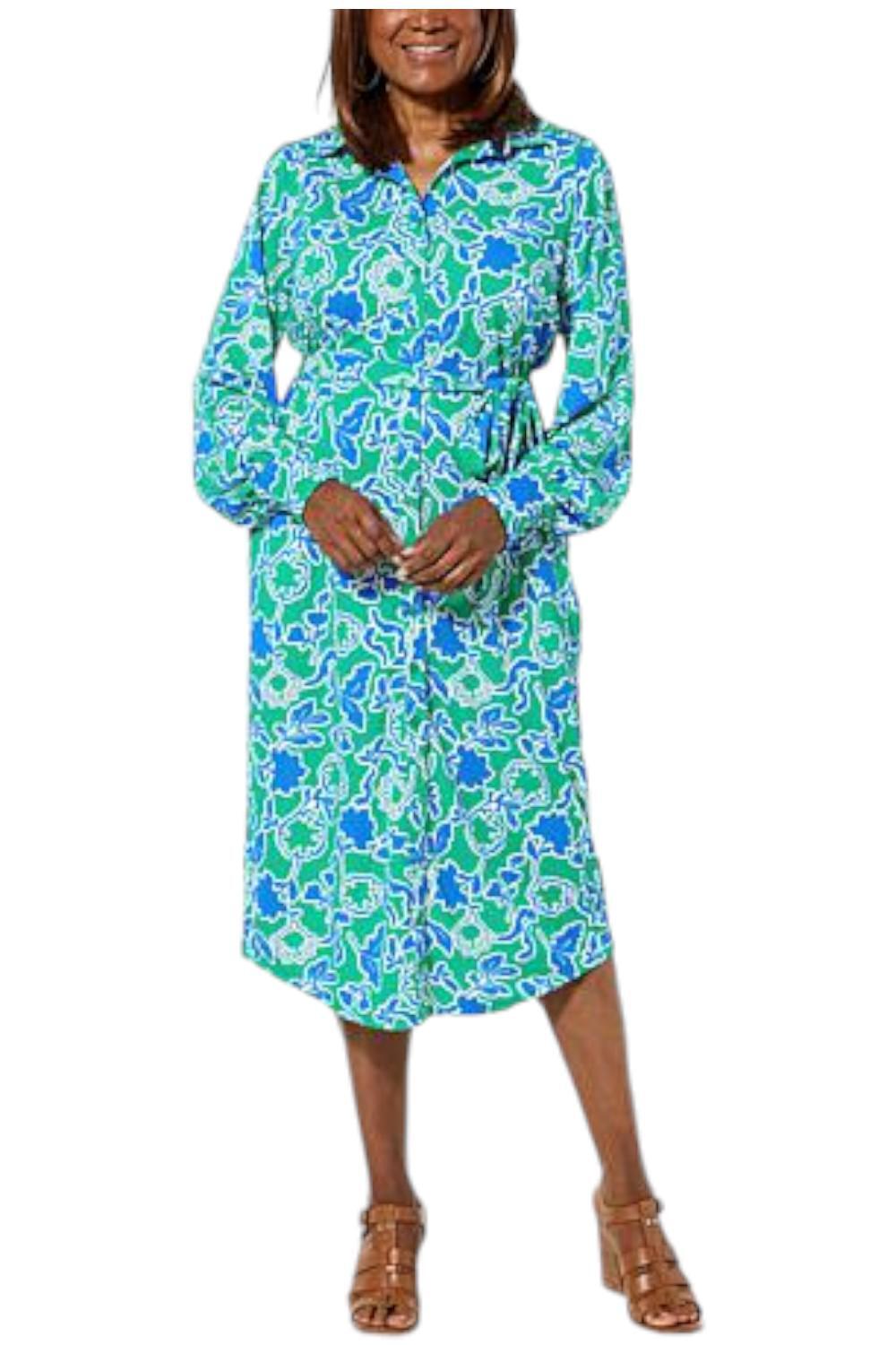 TWRHLL by Christie Brinkley LongSleeve Shirt Dress w/Belt Green Floral