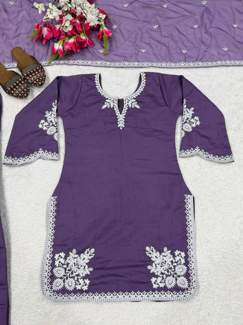 Latest Heavy Roman Cotton Purple Top Bottom With Dupatta For Function Wear