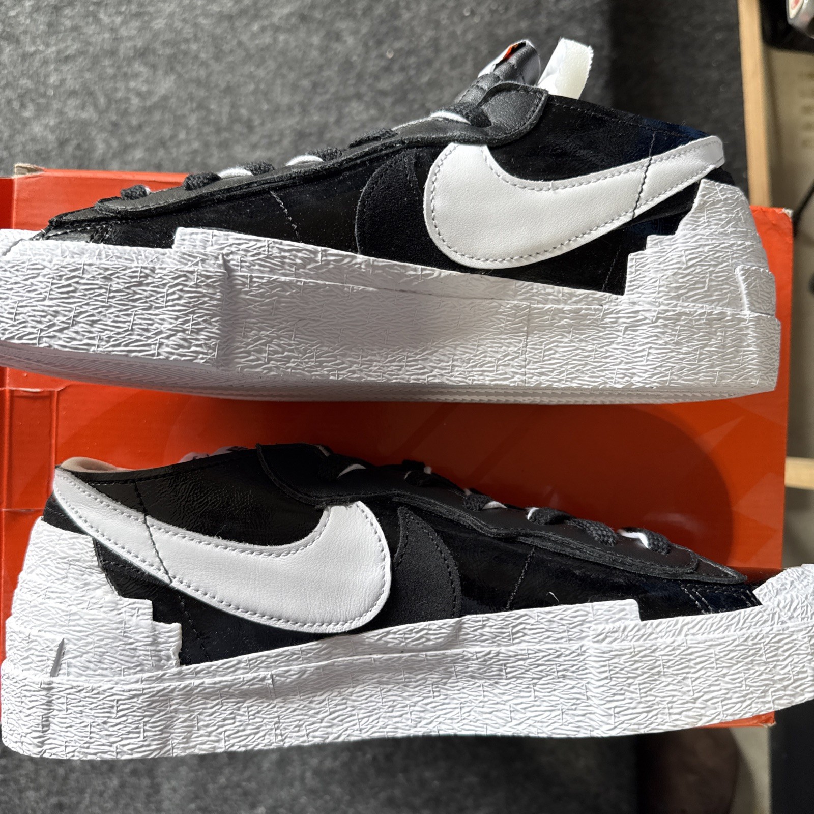 Size 11.5 – sacai x Nike Blazer Low Black Patent